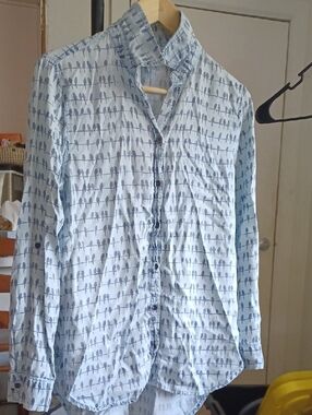 Light Blue Bird-Print Women’s Button-Up Shirt